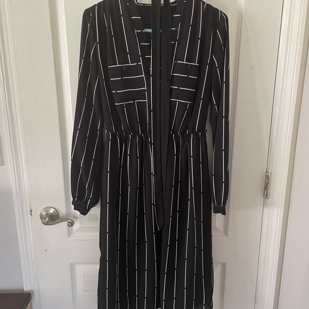 Long sleeve, black and white stripe knee length dress